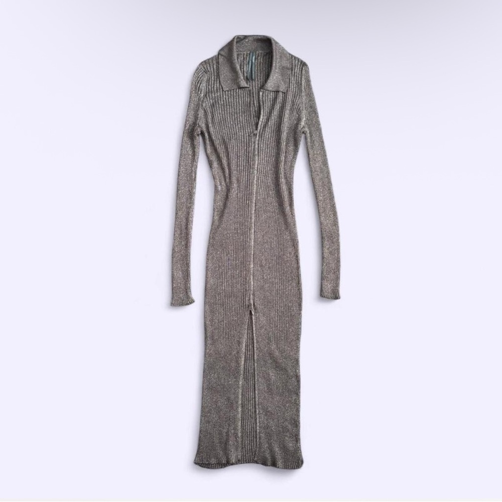 Anthropologie Brown Metallic Ribbed Midi Dress Zip Front Slit